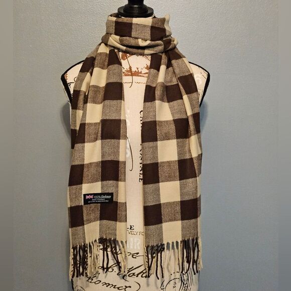 NEW, Cashmere scarf in brown and cream buffalo check, UNISEX - Picture 1 of 3